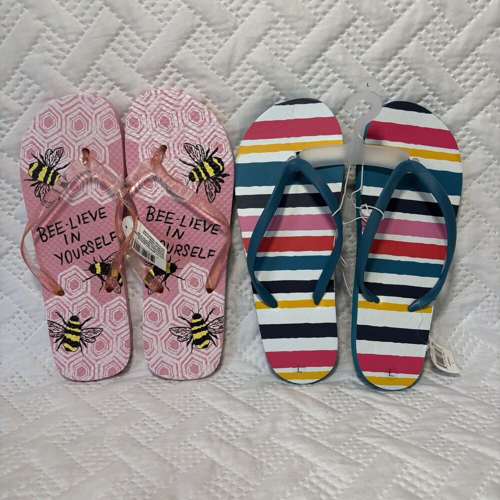 Lot Of 2 Multicolor Striped Flip Flops Sandals Women's Size 9/10 Pink Blue